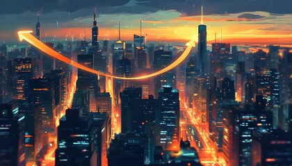 Wall Mural - Futuristic cityscape illuminated by glowing arrows soaring upwards, symbolizing growth and progress in digital navigation