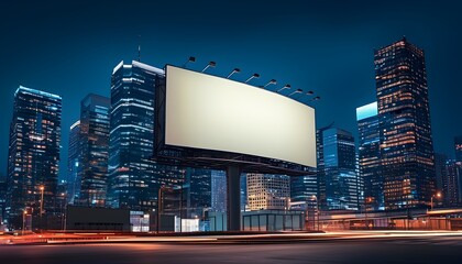 Vibrant urban night skyline featuring a large blank billboard illuminated by city lights and towering buildings