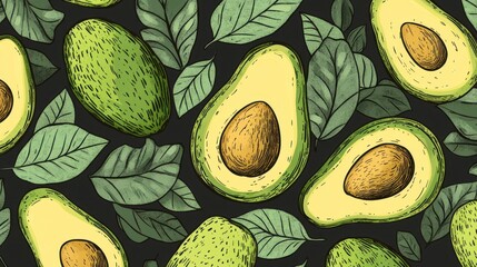 Wall Mural - Vibrant Avocado and Leaves Pattern on Dark Background