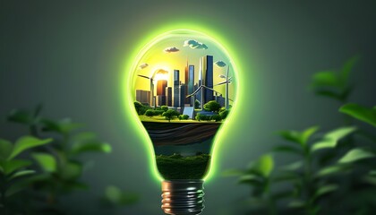 Wall Mural - Illuminated Light Bulb Containing Conceptual Eco-Friendly Cityscape Symbolizing Sustainable Energy and Green Living