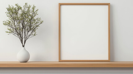 A blank picture frame with a vase of greenery on a shelf.