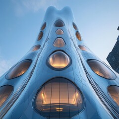 Poster - Modern skyscraper with a unique, organic design, featuring large, circular windows and a blue facade against a clear sky.