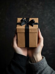 Wall Mural - Hands holding a Christmas gift box on a black background with space for text