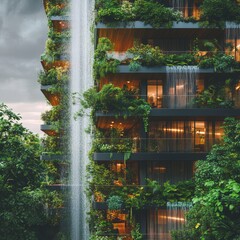 Sticker - Modern skyscraper with a waterfall cascading down the side, surrounded by greenery.