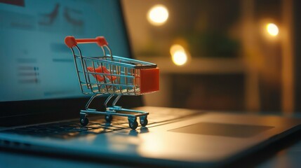 Shopping cart on laptop, online shopping concept.