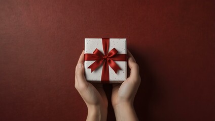 Wall Mural - Hands holding a Christmas gift box on a red background with space for text