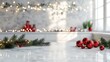 © Miquel - A white kitchen counter with lots of red Christmas decorations on it with copy space