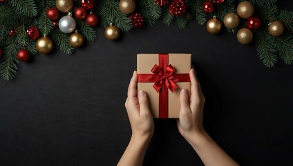 Wall Mural - Hands presenting a gift box on a black background with Christmas decor.