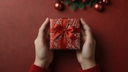 Wall Mural - Hands presenting a gift box on a red background with Christmas decor.