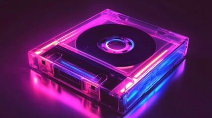 Sticker - Clear cassette tape with a black reel inside illuminated by neon pink and blue lights on a dark background.