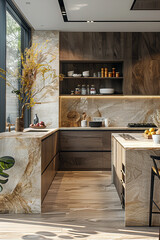 Wall Mural - Modern kitchen design featuring natural wood cabinetry, marble surfaces, and large windows, complemented by minimalistic decor and warm ambient lighting.