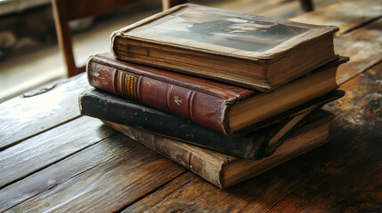 An old wooden table holds a collection of family photo albums.