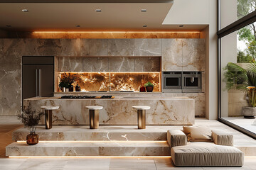 Wall Mural - Luxurious modern kitchen featuring beige marble surfaces, sleek built-in appliances, warm ambient lighting, and a cozy seating area with minimalist decor.