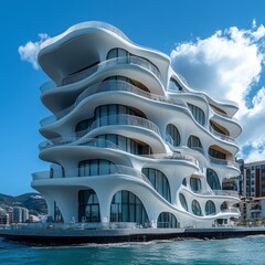 Canvas Print - Modern white building with organic curves and balconies overlooking the water.