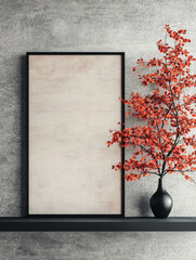 Canvas Print - Blank canvas on a shelf with red leaves