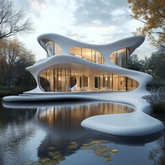 Poster - Modern white house with flowing lines, reflecting in a pond at dusk.