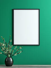 Canvas Print - Blank picture frame on a green wall with a vase of flowers