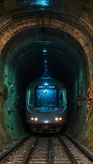 Canvas Print - High-speed train traveling through an underwater tunnel, showing marine life.