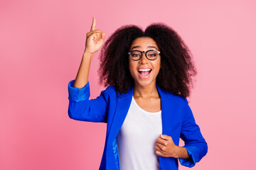 Canvas Print - Photo of glad cheerful charming girl wear stylish blue clothes great idea isolated on pink color background