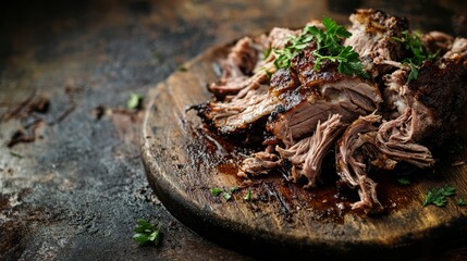 Wall Mural - Succulent slow roasted pork shoulder on rustic wood invites delicious bites