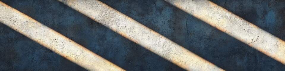 Poster - Bright light streams through gaps, casting diagonal patterns on a weathered blue wall in an empty area during sunset