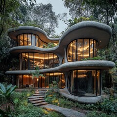 Sticker - Modern, curved, concrete house with large windows nestled in a lush green forest.