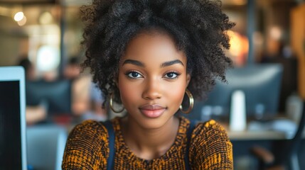 Young black businesswoman smiling in busy open office