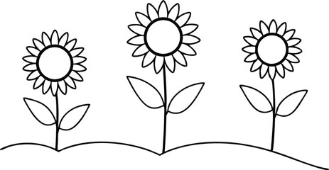 Three Sunflowers in the Sun Vector Illustration for Kids Coloring Book
