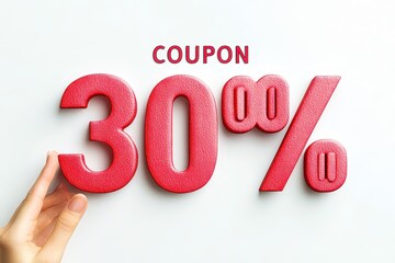 woman composing a thirty percent discount coupon with giant numbers