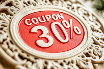 Woman composing a thirty percent discount coupon with giant numbers