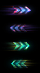Poster - Set of abstract high speed bright arrows, modern light speed arrow effect on black background, vector illustration.