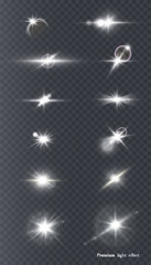 Aufkleber - Glowing bright light effects on transparent background. Blurred vector glitter collection. Explosive flash, sun, flare and bright cloud.