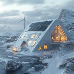 Poster - Modern, futuristic, and sustainable home design with solar panels and wind turbines in a snowy mountainous landscape.