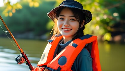 Joyful Asian teenager fishing on a sunny day, embracing outdoor leisure and natures beauty while wearing an orange life jacket