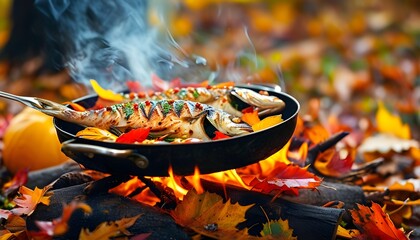 Autumn outdoor grilling experience with fresh fish surrounded by vibrant fall foliage, celebrating seasonal flavors and rustic cooking adventures