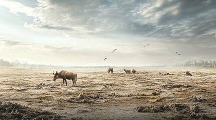 A savanna landscape with grazing wildebeests under a cloudy sky, scattered trees on the horizon, and birds flying in the distance.