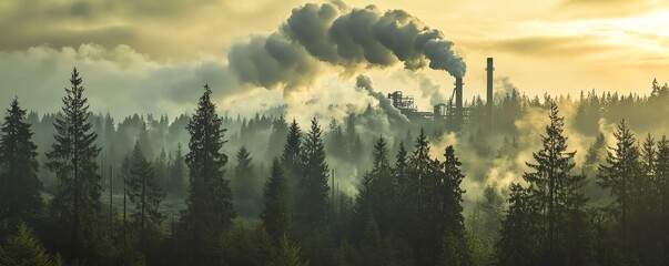 Industrial plant emitting thick smoke in a forest landscape, raising environmental concerns. Pollution impacts nature and air quality.