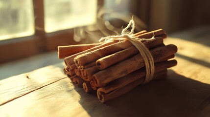 Wall Mural - Cozy Cinnamon Sticks on Wooden Table