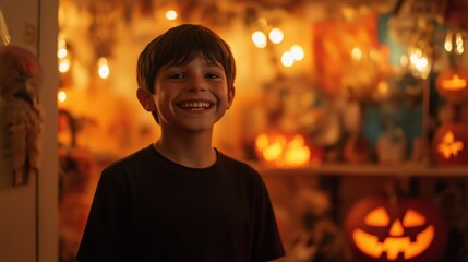 happy young boy wearing black T-shirt in room decorate with bokeh light prepare for Halloween day