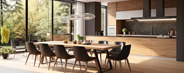 Poster - Modern Kitchen and Dining Room with Large Windows