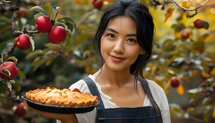 Homemade apple pie presented by an Asian woman in a vibrant garden, celebrating the joys of outdoor baking and the essence of autumn harvest