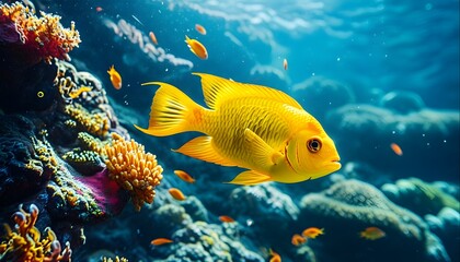 Vibrant underwater scene featuring yellow tropical fish amidst a colorful coral reef, celebrating marine life and biodiversity in the ocean environment