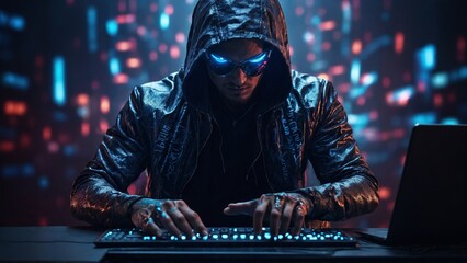 hacker in hoodie with laptop in hands. hacker in dark room with computer. cyber security