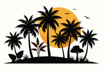 Wall Mural - different types of tree like palm tree with sunset G.eps