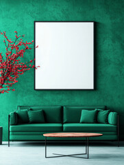 Wall Mural - Green velvet sofa in a modern living room with a blank frame for your design.