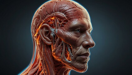 Human head illustration showing glowing muscles and tissues.