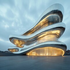 Sticker - Modern, silver, curved building with large windows and a glass facade.