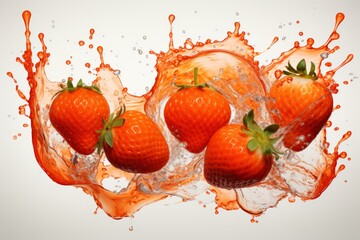 Three strawberries plunge into vivid orange liquid, creating dynamic splashes and water drops