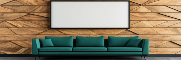 Poster - Teal sofa in front of wood wall with blank frame