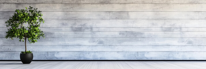 Poster - A single potted plant in a minimalist room with a wood wall.